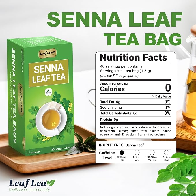 LeafLea Senna Tea Bags, Natural Laxative for Occasional Constipation, 80 Ct | Pure Senna Leaf, Individually Foil-Wrapped for Freshness, Caffeine-Free, Sugar-Free, Non-GMO, Vegan, Stock-Up 2-Pack