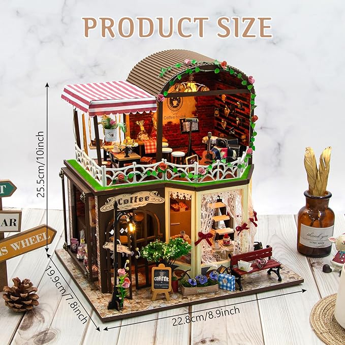 Foyucool DIY Miniature House Kit, Dollhouse Kit with LED Light, Mini House Building Kits for for Adult to Building, Christmas Home Decorations Gifts for Family and Friends, Coffee Bar