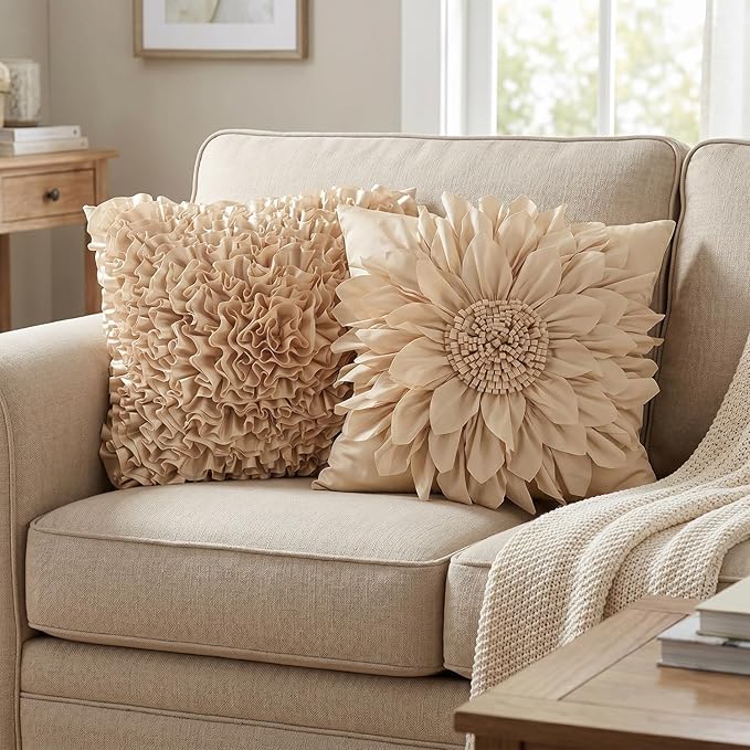 Beige Taupe Accent Flower Decorative Throw Pillow Covers for Bed Sofa Couch | Bella's Giftshop Handmade Sunflower Taffeta Pillow Cases Living Room Bedroom Decor, 18x18 Inch