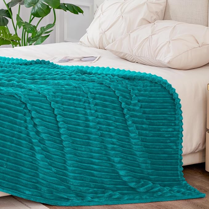 BEDELITE Ribbed Jacquard Ocean Blue Blankets Queen Size for Bed, 90x90 Inch | Soft Warm Decorative Fluffy Blanket, Cozy Fuzzy Lightweight Plush Fleece Throw Blankets for Bed, Room Decor, Gift for Women