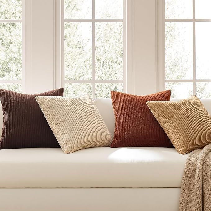 Topfinel Boho Throw Pillow Covers 18x18 Inch Set of 4 Soft Farmhouse Corduroy Striped Decorative Cushion Cover Beige Brown Gradient Rustic Pillow Case for Sofa Couch Living Room Bedroom