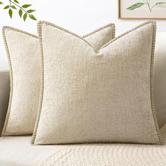 MIULEE Decorative Euro Sham Pillow Covers 26x26 Inch Beige 2 Pack | Neutral Farmhouse Throw Pillow Covers with Stitched Edge, Soft Chenille Cushion Cases, for Couch Sofa Bed Living Room