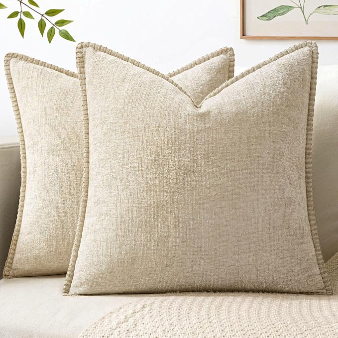 MIULEE Decorative Couch Throw Pillow Covers 20x20 Inch Beige 2 Pack | Neutral Farmhouse Pillow Covers with Stitched Edge, Soft Chenille Cushion Cases, for Sofa Bed Living Room Home Decor