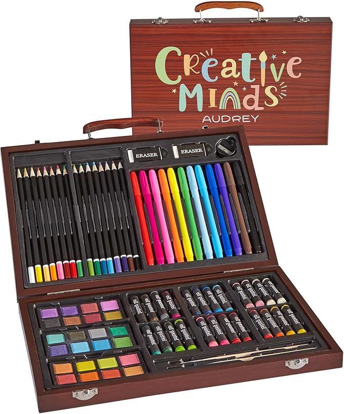 Let's Make Memories Personalized 80-Piece Deluxe Art Set - for Kids - Wood Carrying Case - Oil Crayons, Colored Pencils, Watercolors - Arts & Crafts - Palette Design - Add Name - Creative Minds