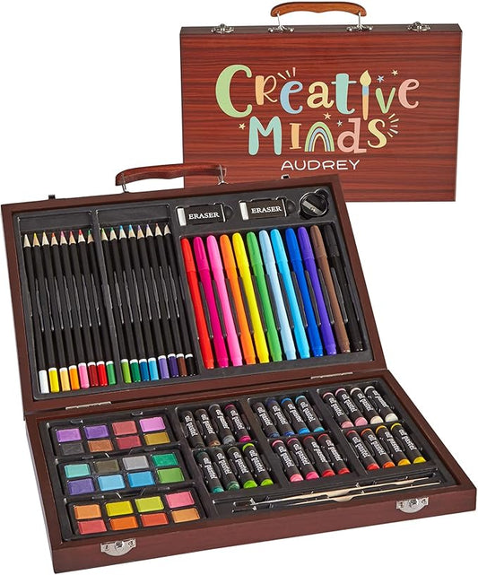 Let's Make Memories Personalized 80-Piece Deluxe Art Set - for Kids - Wood Carrying Case - Oil Crayons, Colored Pencils, Watercolors - Arts & Crafts - Palette Design - Add Name - Creative Minds