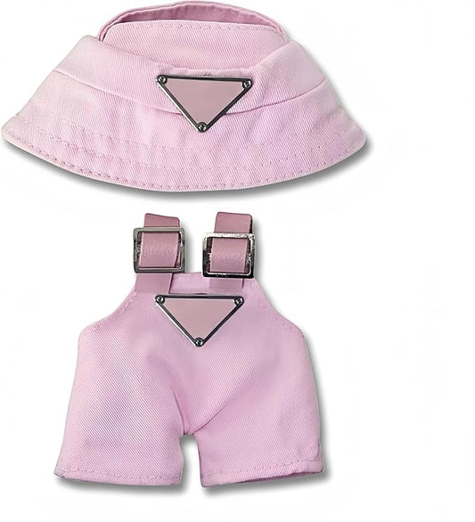 Clothes for 17cm Dolls(NO Doll)，Premium Handmade Clothes，Adjustable Kawaii Outfits for Clothes Set，Dolls Keychain Accessories，Bucket Hat+Overalls (Pink)