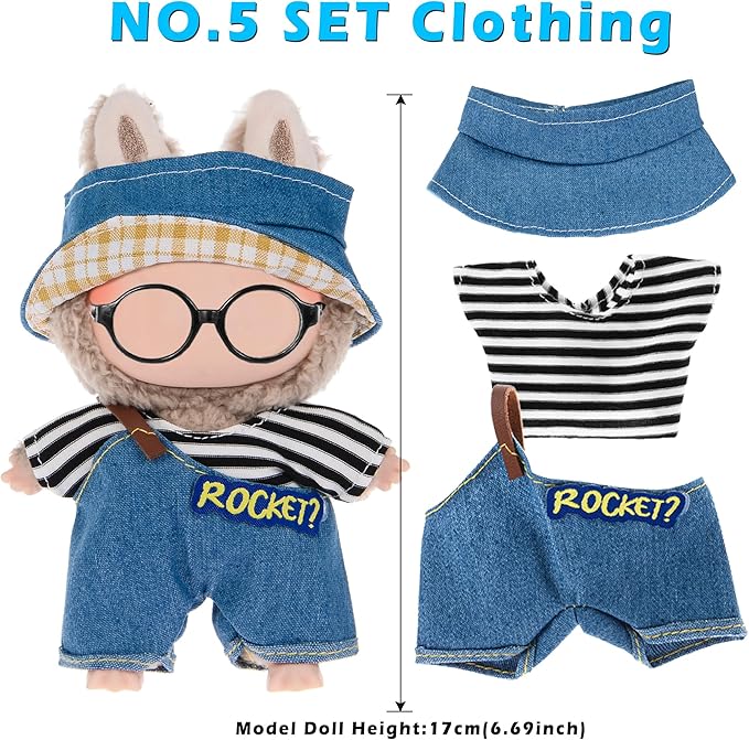 6 Sets Kawaii Doll Clothes for 17cm Plush Dolls - Dress Up Doll Clothing Set Replacement Fashion Outfit Collection with Hats & Accessories, Fits 6.7 Inch Mini Dolls (No Doll No Glasses)