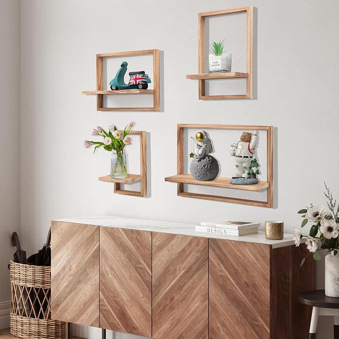 Floating Shelves for Wall,Decorative Wall Shelves,Plants Shelf Framed | Square Wall Decor,Art Sconces Artificial Vases Hanging Storage Shelf for Bathroom Living Room,Wood,Set of 4,Carbonized Black