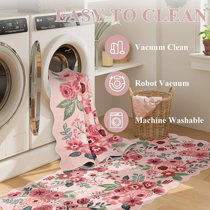DUKINO 2.6x12 Washable Runner Rug, Floral Non Slip Long Kitchen Rug, Pink | Low Pile, Stain Resistant, Soft Throw Rugs Runner for Hallway, Entryway, Bedroom, Bathroom, Modern Home Decor, Non-Shedding
