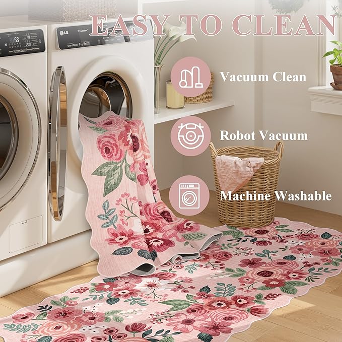 DUKINO 6x9 Area Rugs, Floral Washable Rug for Living Room Non Slip, Pink | Low Pile, Stain Resistant, Soft Indoor Large Rugs for Bedroom, Dining Room, Kids Playroom, Nursery, Pet Friendly, Home Decor