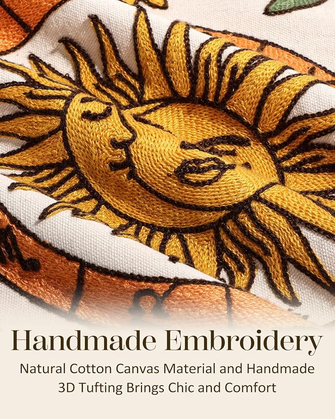 Embroidered Lumbar Pillow Cover 20x12 Inch, Sunflower Moon | Decorative Throw Pillow Cover, Farmhouse Boho Cushion Case with Hidden Zipper, Autumn Decor for Couch, Sofa, Living Room