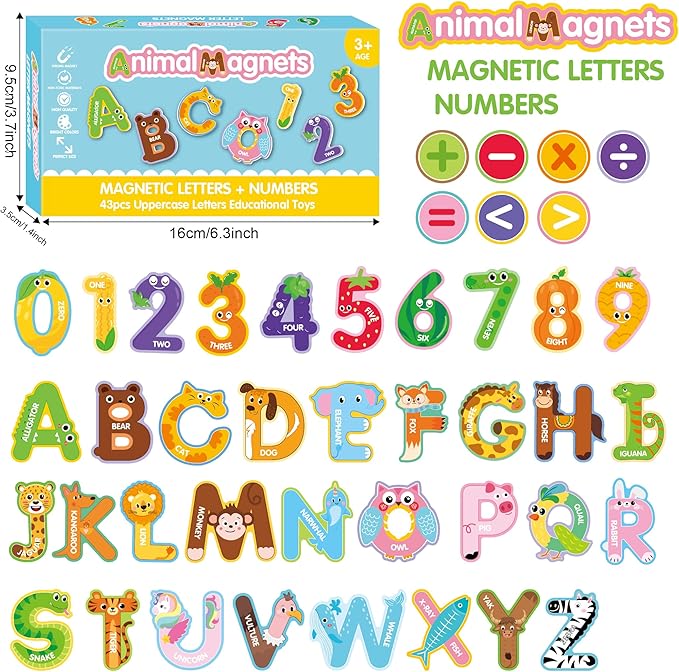 Large Size Cute Fridge Magnets for Toddlers, Preschool Spelling Learning Education Refrigerador Magnetic Toy (Letters Numbers 43pcs)