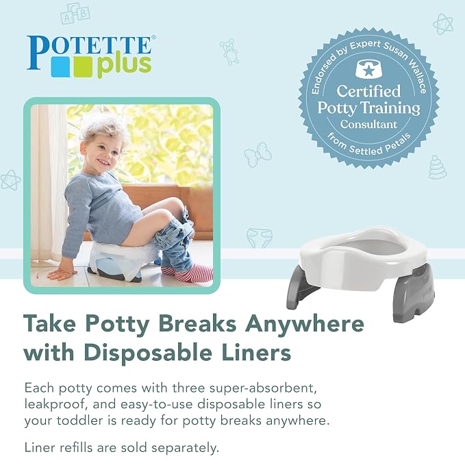Kalencom Potette Plus 2-in-1 Travel Potty and Trainer Seat - Dual-Purpose Potty Training Toilet Seat - Portable Potty for Toddler Travel - with Durable, Lock-in Legs and Splash Guard - White/Gray