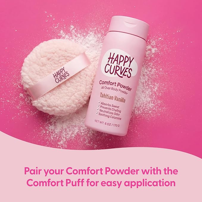 HAPPY CURVES Comfort Powder: Talc Free Anti Chafe Body & Foot Dusting Powder Deodorant to Control Inner Thigh Chafing, and Private Areas 6oz (Pack of 1) - Tahitian Vanilla