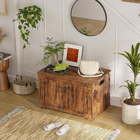 Storage Chest, Wooden Toy Box, Rustic Brown 31.5" L | Entryway Shoe Bench, 2 Soft-close Hinges, Finger-safe Flip-Top Lid, Easy Assembly, Farmhouse Large Trunk, Living Room/Bedroom