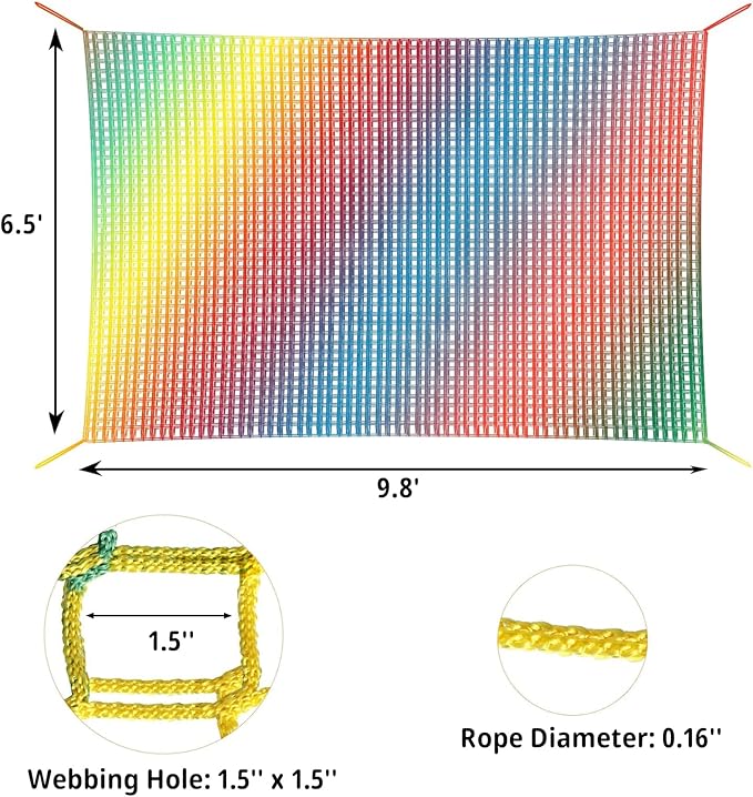 Climbing Net 6.5' x 9.8', Double Layers Playground Safety Net for Kids, Multicolored Climbing Cargo Net for Tree House, Obstacle Training, Back Yard