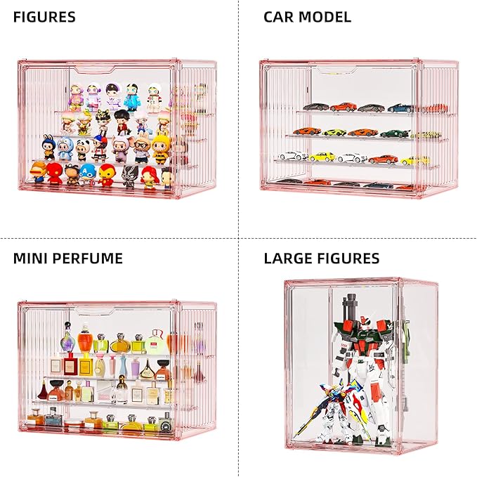 Colorful Figure Display Case for Collectibles 4 Layer Hobby Figurine Display Shelf Cases Stackable Display Boxes with Shelves for Pop Mart, Action Figures, Model, 3 Pack