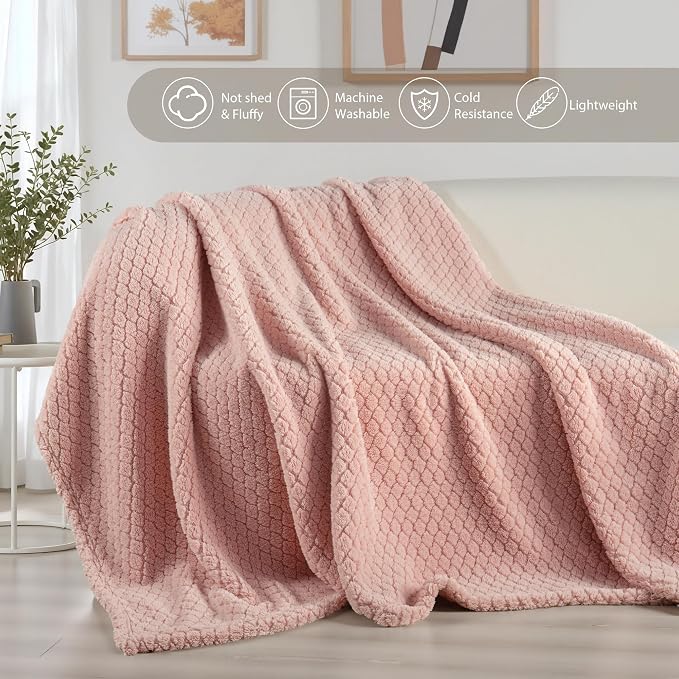 Exclusivo Mezcla Soft Fleece Twin Size Blanket for Bed, Pink | Jacquard Lightweight Cozy Bed Blanket, Breathable Decorative Fuzzy Textured All Season Use, 60x80 Inches