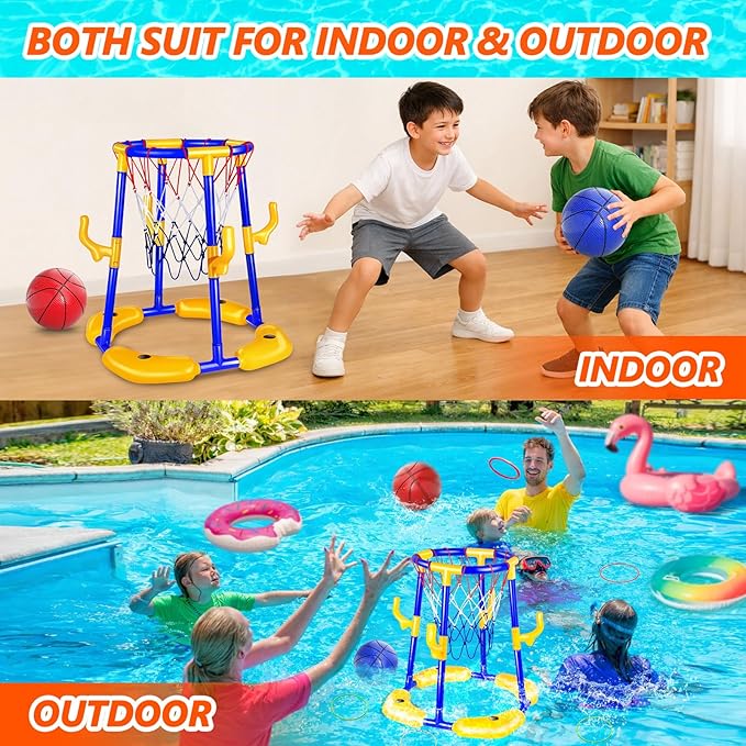Pool Basketball Hoop Floating with Anti-Tip & Anti-Drift Design, Basketball & Ring Toss Pool Toys for Kids Ages 4-8, 8-12, Summer Outdoor Water Toys Pool Games for Adults and Family