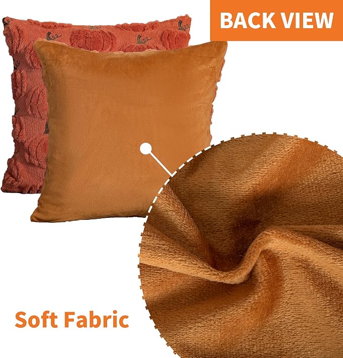 Fall Pumpkin Decorative Pillow Covers 16x16 Set of 2, Dark Rust Red Soft Plush Faux Fur Wool Farmhouse Throw Cushion Cases for Autumn Thanksgiving Holiday Home Decorations