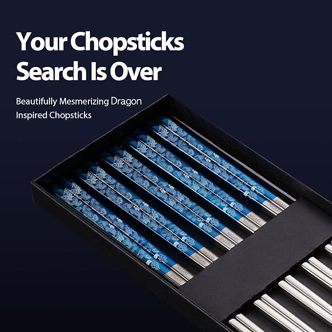 Hagary Dragon Chopsticks Metal Reusable Designed In Korea Japanese Style Stainless Steel 316 18/10 Non-Slip Dishwasher Safe Laser Etched (Blue - 5 Pairs)