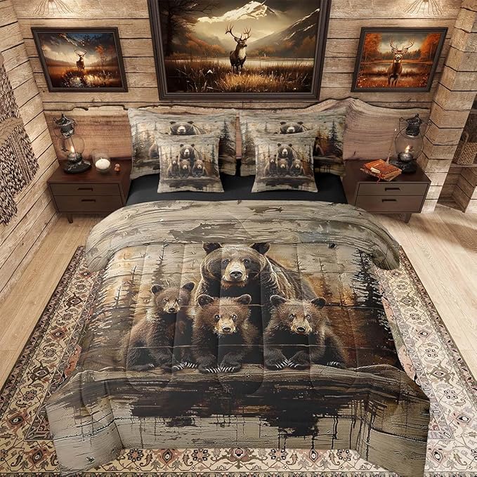 Feelyou Vintage Grizzly Bear Comforter Set With Sheets 7 Piece King Size Wild Animal Hunting Bedding Set for Kids Boys Girls Western Cabin Bed in a Bag Farmhouse Room Decor Soft Lightweight Microfiber