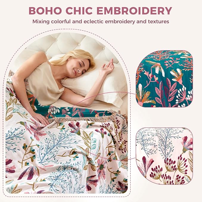 LUTBM Boho Throw Blanket for Couch 50"x60", Cotton Decorative Bed Throw | Reversible Floral Jacquard, All-Season Muslin Blanket, For Chair Sofa Bedroom Living Room Decor, Lightweight Breathable Gauze