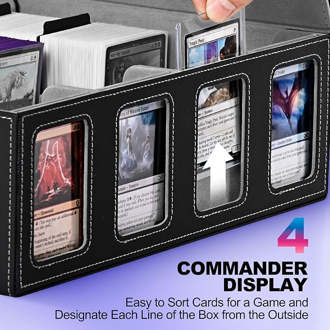 UAONO Trading Card Storage Box with Commander Display; 2400+ Deck Box for MTG with Removable Cover; Top Loaders Card Case fits Magic TCG PTCG Sports Cards; 24 Dividers, 4 Stoppers (Black, Grey)
