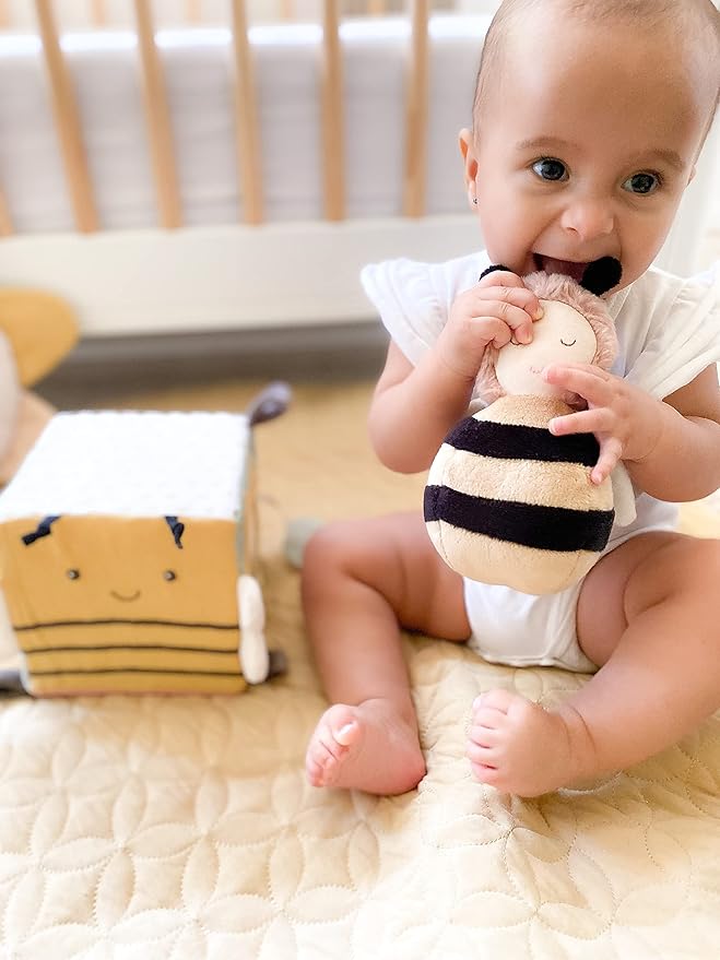 MON AMI Honey Bee Chime Activity Toy | 7-Inch Soft Velour Baby Sensory Toy | Perfect Newborn Essentials | Cute Nursery & Playroom Décor