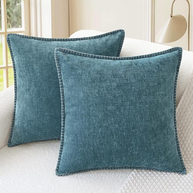 CaliTime Decorative Couch Throw Pillow Covers 20 X 20 Inches Smoke Blue | Pack of 2, Cozy Chenille Cushion Cases, Cotton Thread Stitching Edges, for Sofa Bed Living Room Farmhouse