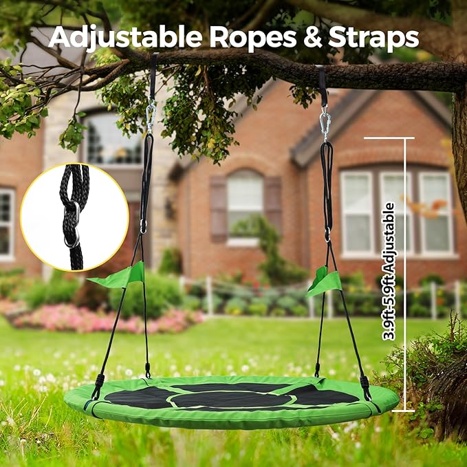 PACEARTH 60” Tree Swing for Kids & Adults Outdoor Saucer Swing 60-Inch Diameter 900D Oxford Fabric Splash and UV Resistant Heavy Duty 900LBS Weight Capacity with Tree Straps and 360° Swivel, Green