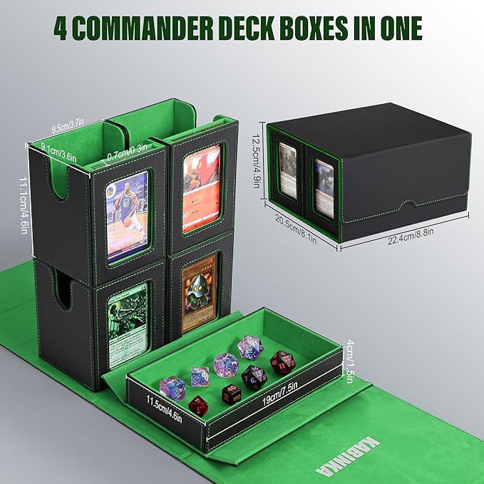 Kabinka Card Deck Box for MTG Commander, Holds 400+ Double-Sleeved Cards, 5 IN 1 Detachable Card Case with Dice Tray, Fits Magic/TCG Cards, 4 Magnetic Card Holders & Dividers (Black Green)