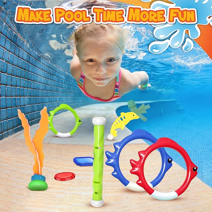 Chuchik 30 Pcs Diving Toys, Swimming Pool Toys for Kids Ages 4-8 8-12 with a Storage Net Bag. Pool Dive Toys for Kids. Pool Games, Swim Summer Water Toys. Include Diving Sticks & Pool Rings