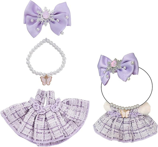 17cm Doll Clothes Set & Dolls Outfit 3-Piece Princess Clothes Set with Purple Dress Necklace and Bow Accessories for 17cm Plush Dolls, Clothes Only, No Doll Included (Purple A)