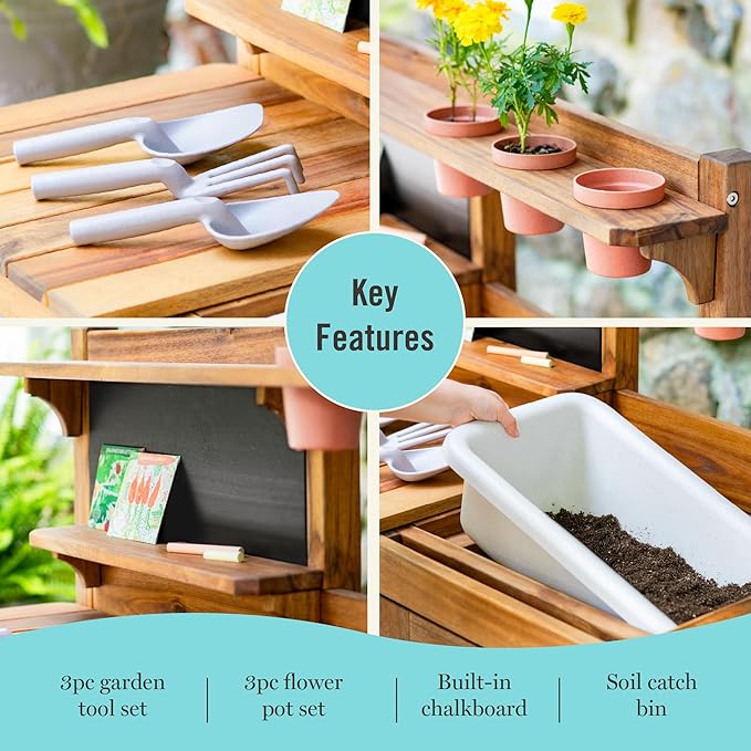 Martha Stewart Kids Outdoor Potting Bench: Acacia Wood Kids Gardening Set with Pots, Garden Tools, Soil Bin and Open Shelves | Wide Extendable Workspace | Wooden Backyard Playset for Outdoor Activity