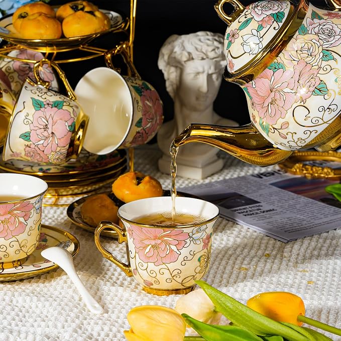20 Pieces European Ceramic Tea Set for Adults With Metal Holder and Flower Painting (Large Cream Version)