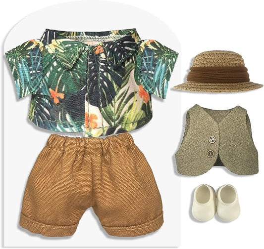 Clothes for 6.7inch /17cm Dolls (Without Dolls),Sets and Accessories,5pc Set（Straw hat+Shirt+Pants+Shoes+Vest,Suitable for Collectors and As Gifts.(Vacation-Green)