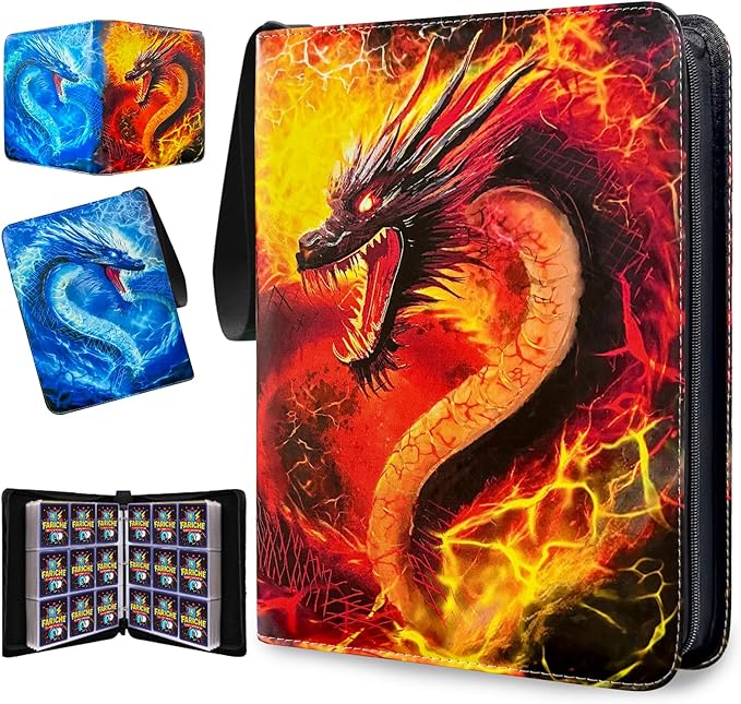 Trading Card Binder for TCG Cards, 9-Pocket Portable Card Collector Ablum Holder Book Fits 900 Cards with 50 Removable Sleeve, Waterproof Card Binder Display Storage Carrying Cases for TCG- Dragon