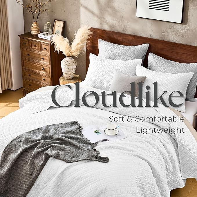 King Quilt Set with Shams Lightweight Quilted Bedspread Coverlet Thin Comforter Bed Cover Vintage Washed Quilted Blanket for All Season, Brushed Microfiber Diamond Stitching, White, 104"x92"