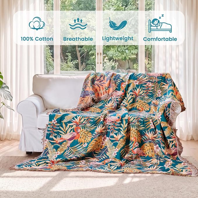 MSGKV Boho Throw Blanket 60"x80" 100% Cotton Jungle Animal Throw for Couch | 100% Cotton Throw, Jungle Animal Pattern, Reversible Woven, Breathable Lightweight, Couch Home Decor, Machine Washable