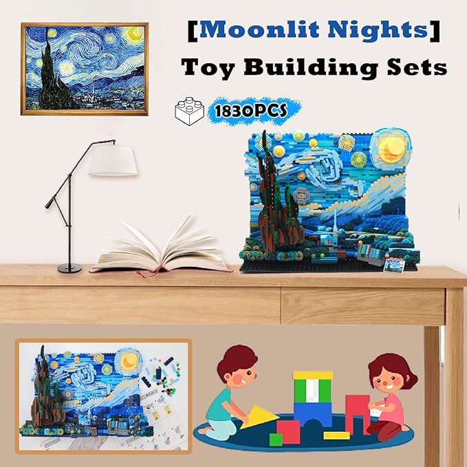 DIY Building Block Set(1830 PCS),The Starry Night Building Set for Children and Adults,Vincent Van Gogh Idea Building Kit,Educational Assemble 3D Scenario MOC Stacking Blocks