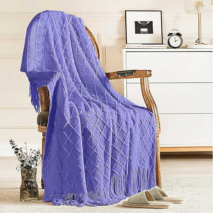 inhand Cornflower Blue Knitted Throw Blanket for Couch and Bed, 50"x60" | Gifts for Mom from Daughter Son, Soft Lightweight with Tassels, Farmhouse Warm Decorative Blanket for Women, Cozy Knit