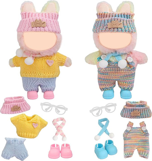 17cm Doll Clothes - 10PCS Cute Dolls Clothes and Shoes,Hat, 6.7 Inches Woolen Crochet Suit,Strap Jumpsuit, with Scarf Glasses - Adorable Pink Blue Dolls Accessories (NoDoll)