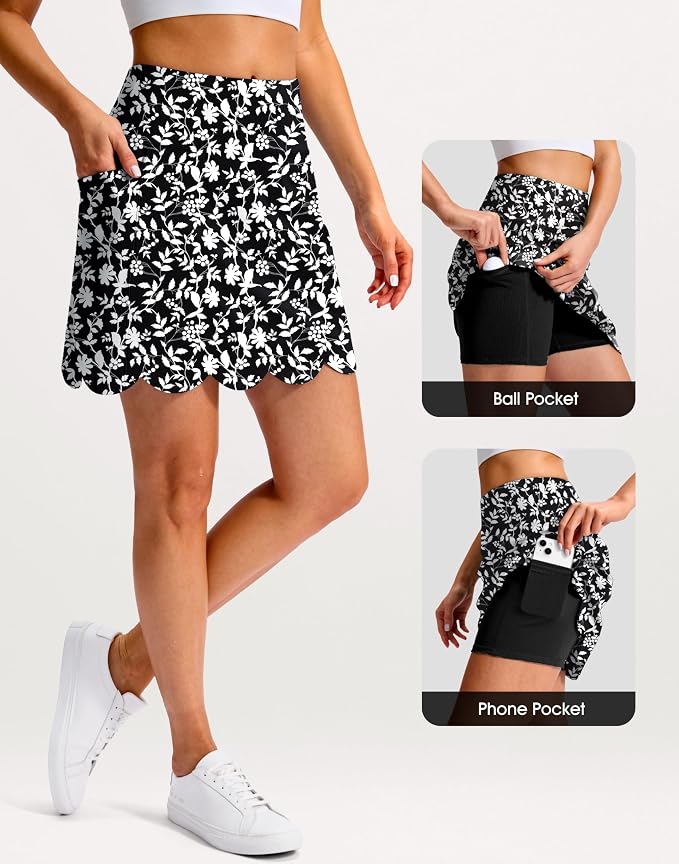 16" Skorts for Women with 4 Pockets High Waisted Scalloped Hem Athletic Tennis Skirt Golf Skort Dressy Casual