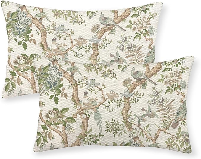 Green Floral Bird Pillow Covers 12x20 Set of 2 Chinoiserie Throw Pillows Green Vintage Flowers Bird Decorative Pillow Cases Outdoor Chinoiserie Decor Farmhouse Cushion Case for Couch Sofa