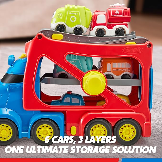Vroomix Extra Large Toy Trucks for Toddlers, 3-Layer City Trucks for Kids, 7-in-1 Big Transport Carrier Truck with Siren & Lights and 6 Toy Cars, Christmas Birthday Gifts for Boys Girls