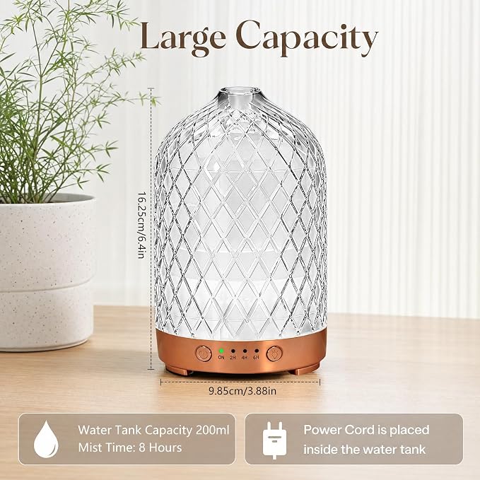 Essential Oil Diffuser for Home- 200ml Aromatherapy Diffuser for Essential Oils with 4 Timer, 7 Color LED Lights Waterless Auto Shut-Off for Home Office Décor Gifts for Women