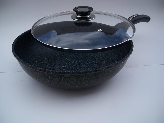 Ceramic Marble Coated Cast Aluminium Non Stick Stir Fry Wok With Glass Lid, 26 cm