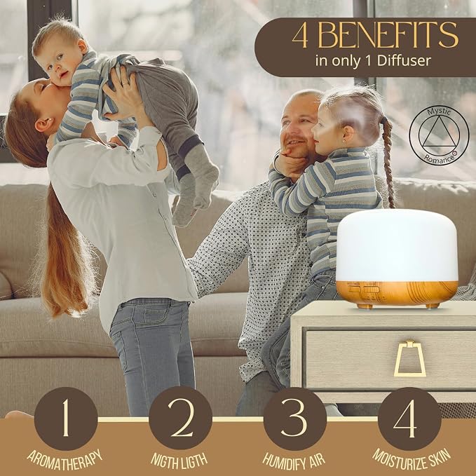 Mystic Romance Essential Oil Diffuser, 300ml Aromatherapy Humidifer and Nigth Ligth for Relaxing Atmosphere in Home Office Yoga and Spa, for Everyone, Auto-Off Safety Switch. Light Wood