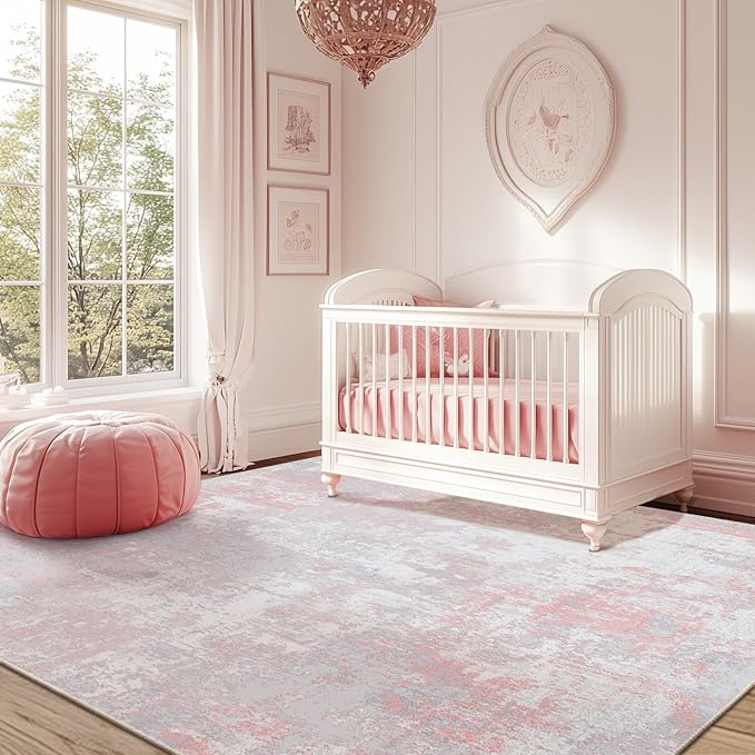 RELEANY Washable 6'x8' Abstract Area Rug for Living Room Gray Pink | carpet for bedroom, kitchen, office, hallway and entryway, printed pattern, non-slip, soft, stain-resistant, easy to clean